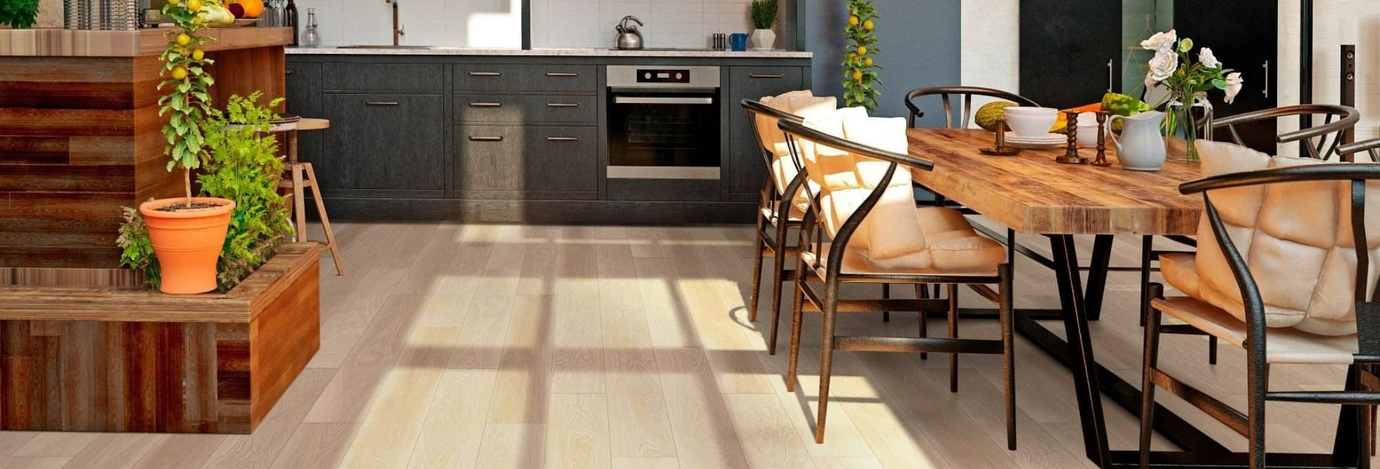 dining table with chairs in a kitchen with gray furniture and light brown laminate floor from Carter Carpets & Vinyl in Temperance, MI